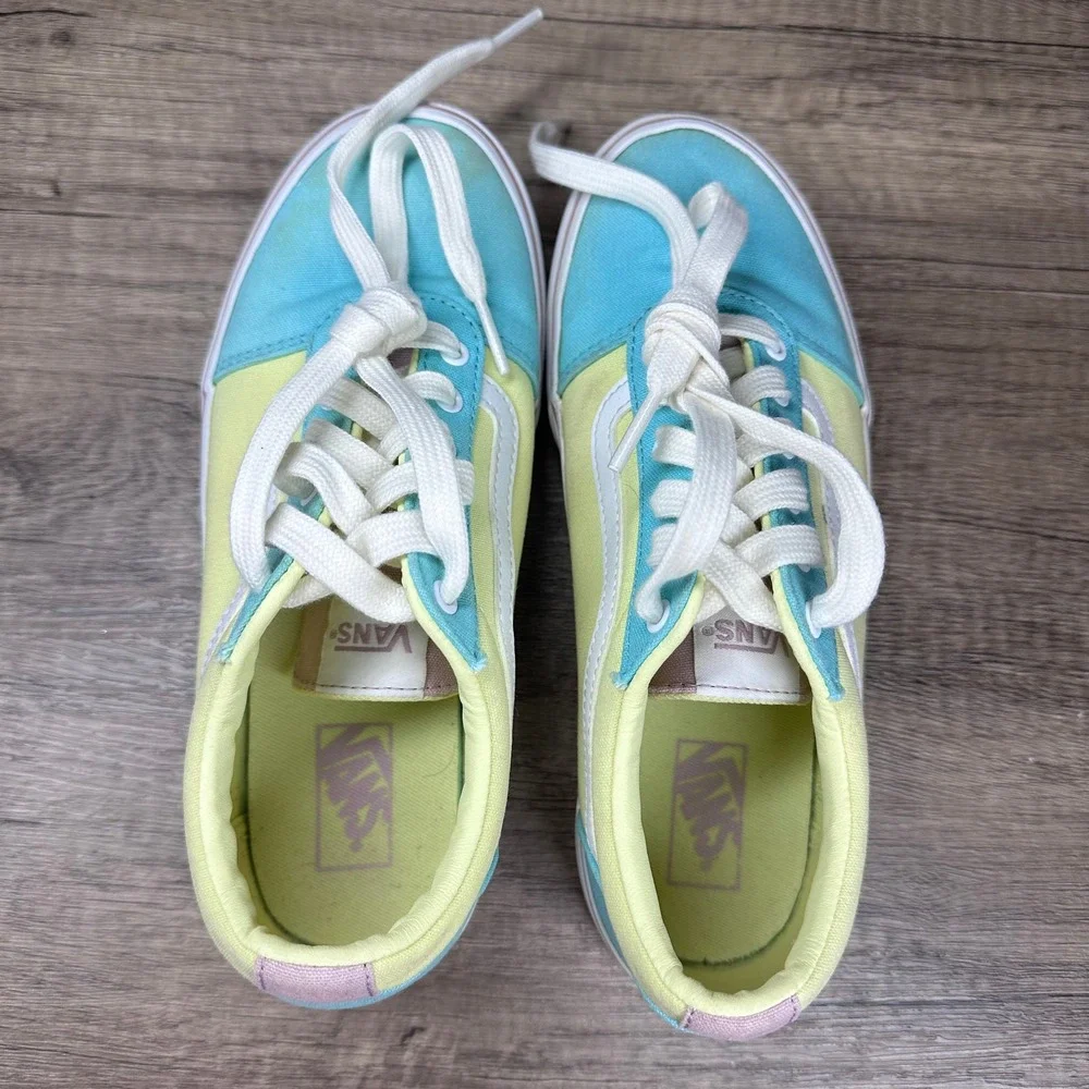 Vans~Girl's~Ward Low Colorblock Teal/Yellow/Pink Canvas Sneakers~Size 4